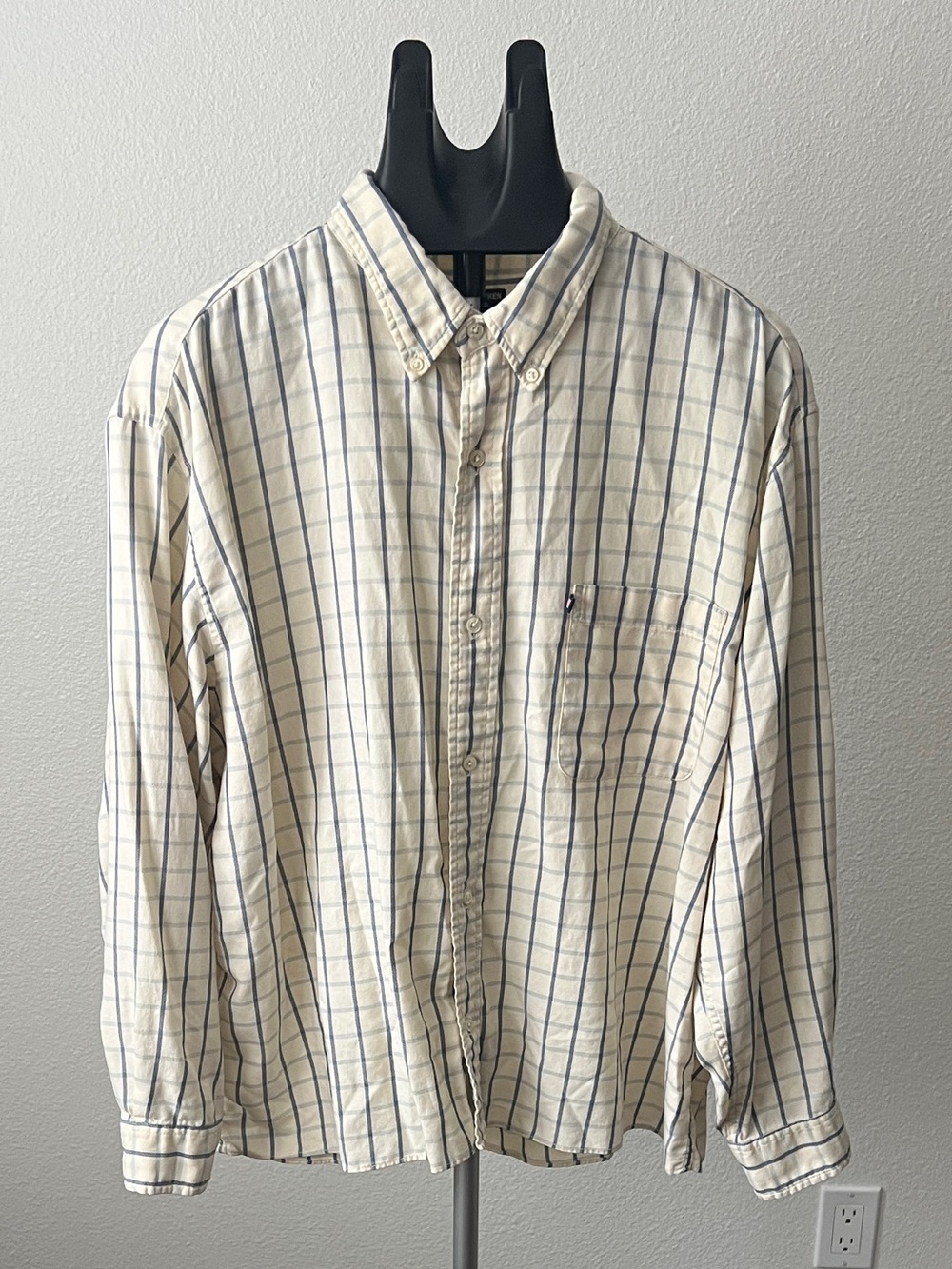 Ralph Lauren Jeans Co Windowpane Plaid Button Down Shirt XL Cream Blue Cotton